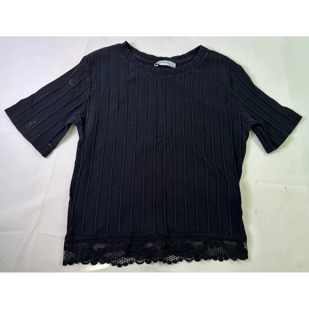 Zara Trafaluc Black Ribbed Lace Hem Short Sleeve Round‎ Neck Knit Shirt Top S